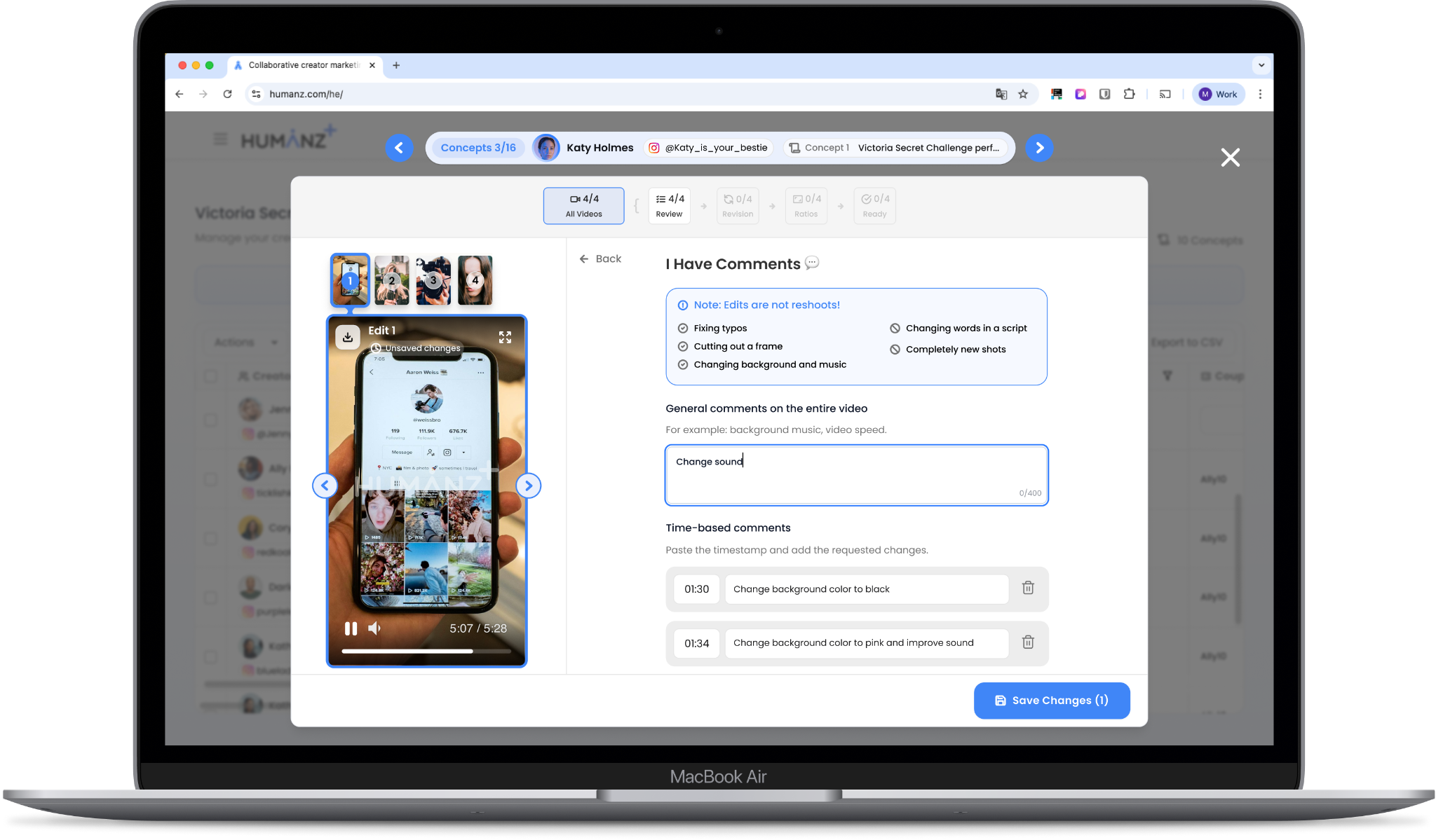 Content review interface with time-based comments