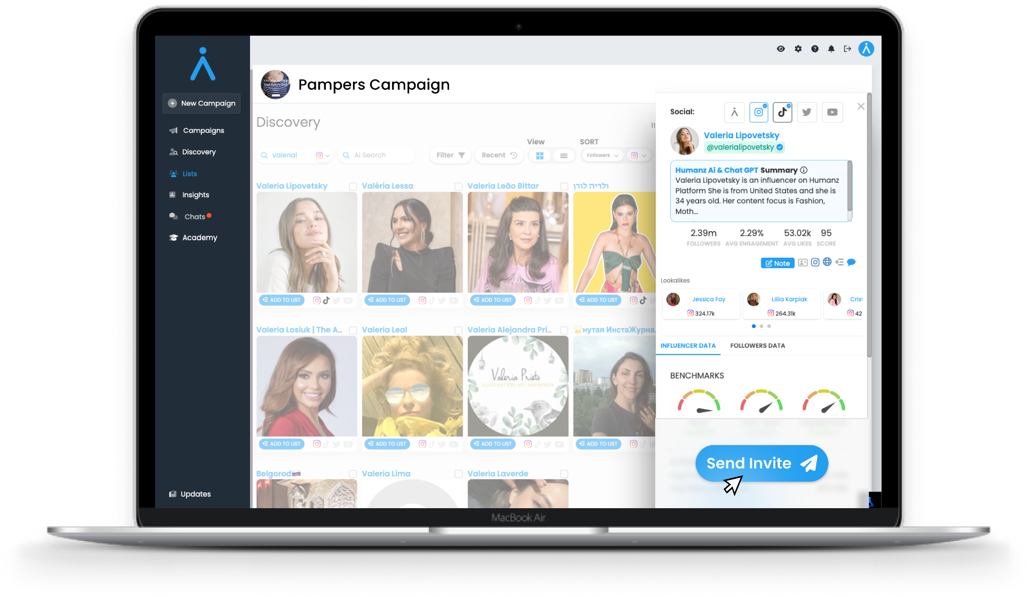 Humanz creator discovery dashboard showing Pampers campaign with creator profiles