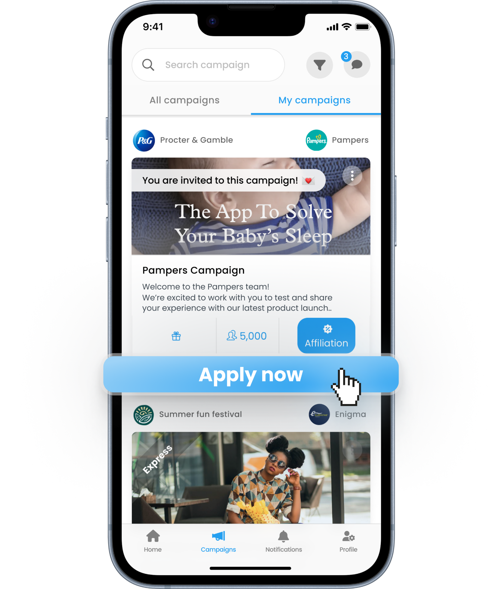 Humanz creator app showing campaign invitation from P&G Pampers