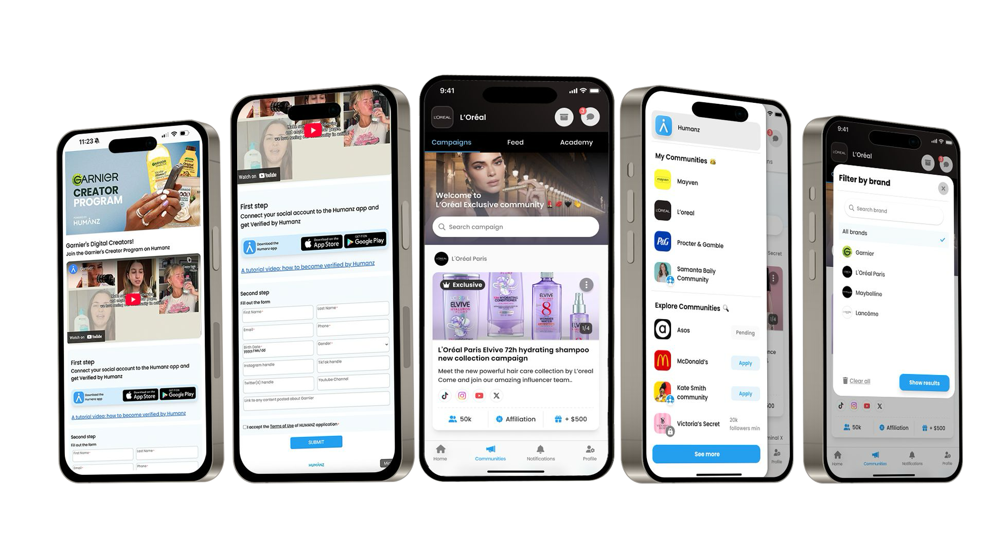 5 iPhones showing Humanz private creator community screens