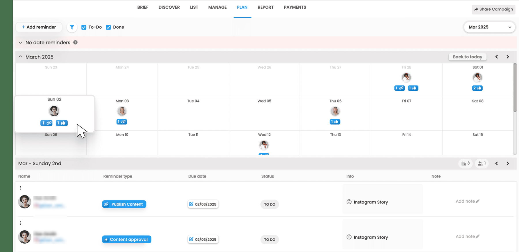 A campaign planning calendar with per-creator reminders for publishing content and content approval, each with a due date and status