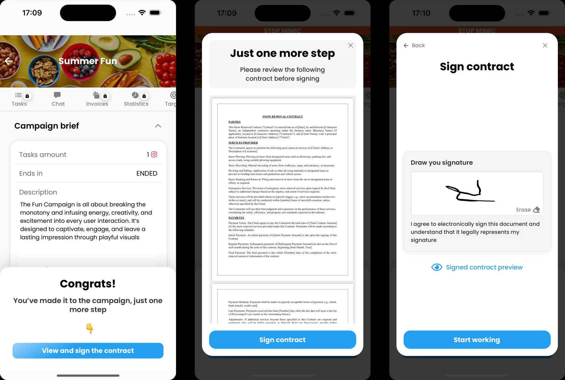 A creator reviewing and signing a campaign contract in the Humanz app, drawing a signature and then starting work