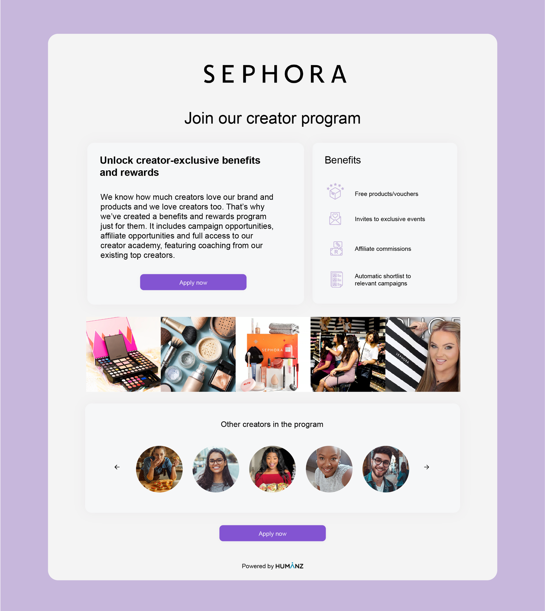 A branded creator programme page headed Join our creator program, listing member benefits, an apply now button, and a carousel of other creators already in the programme