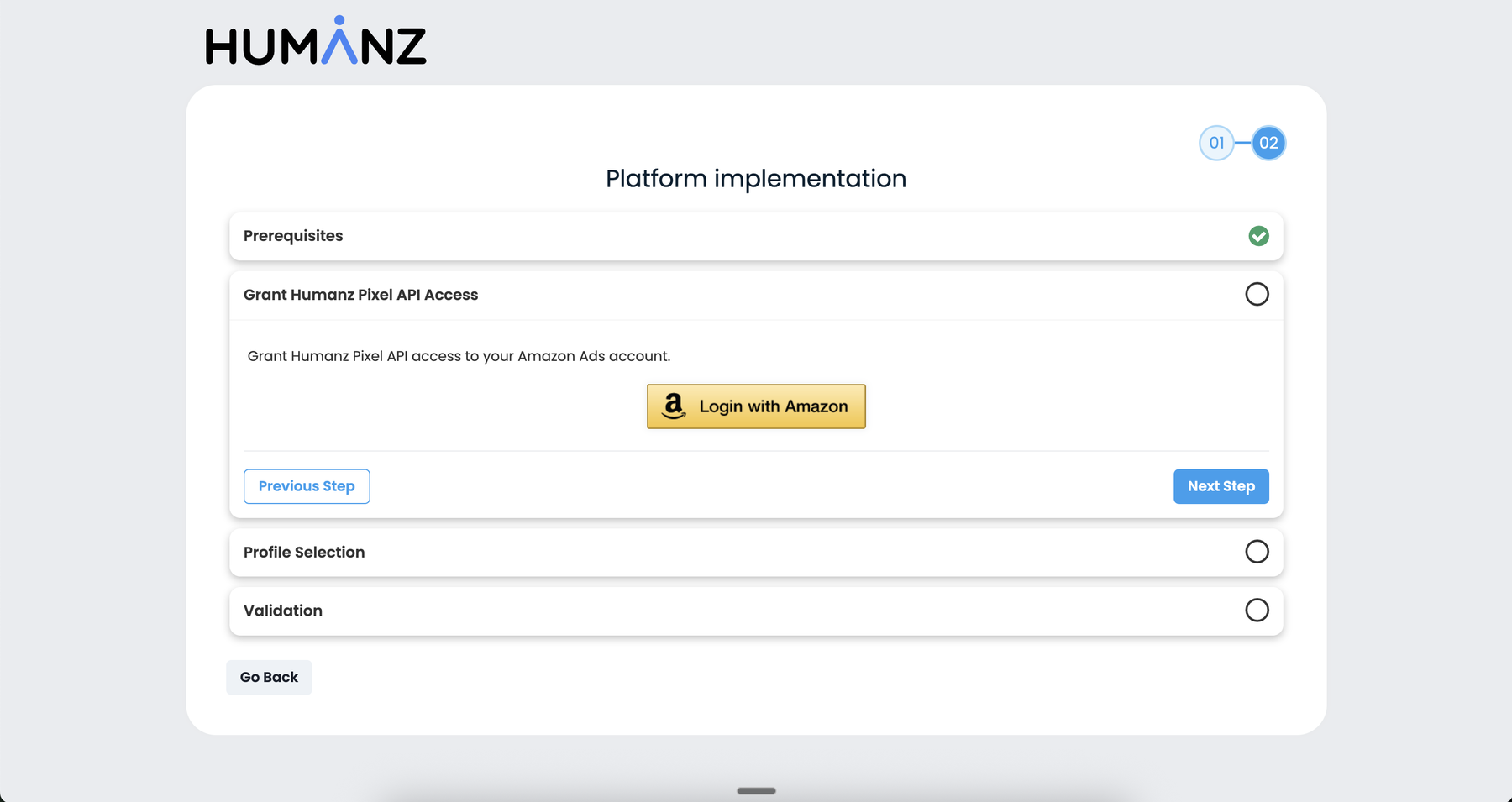 The Humanz Pixel setup wizard connecting to an Amazon Ads account: prerequisites, granting pixel API access, profile selection and validation